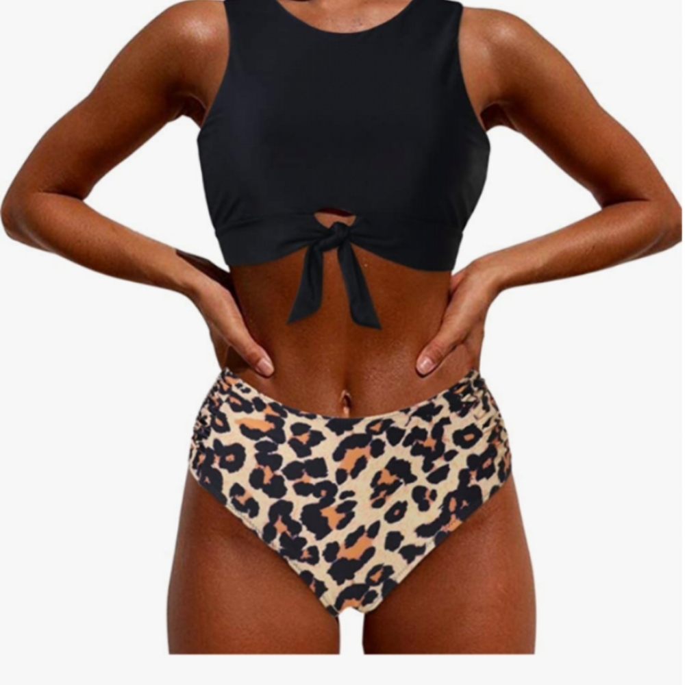 NWOT Mooslover Top Knotted Tankini Leopard - M
